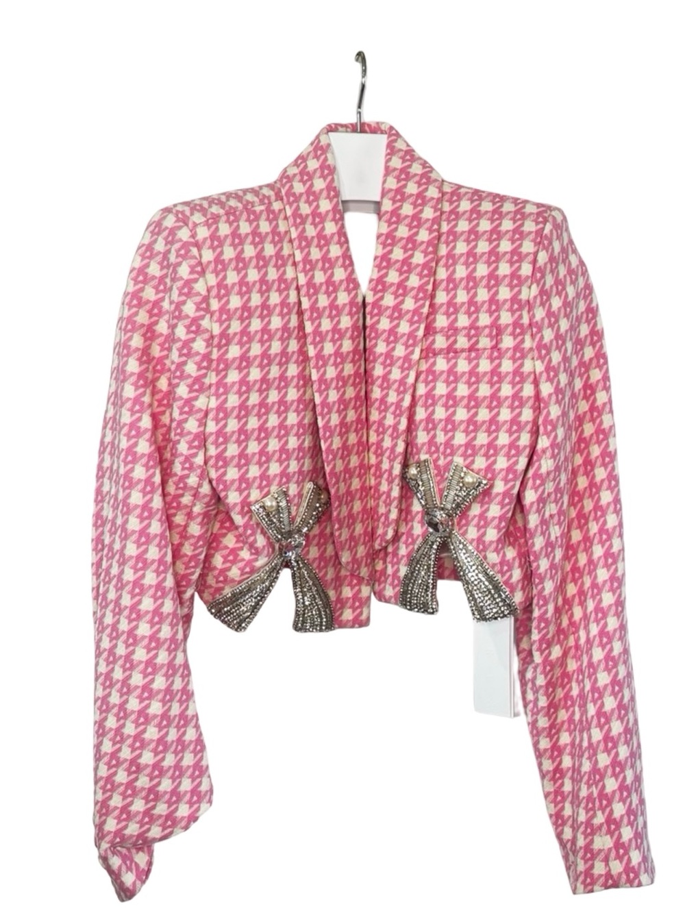 BCBG Pink and White Houndstooth Cropped Blazer with Bow Embellishments
